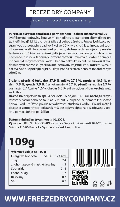 FDC Lyofilizované Penne se sýrovou omáčkou a parmezánem 109g